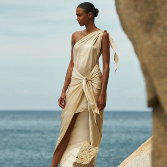 Baobab Marea Satin Dress in Caramel Medium New Womens One Shoulder Midi - Picture 16 of 16